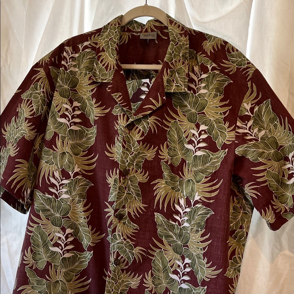 Hawaiian Men's Tropical Leaf Print Shirt - Burgundy/Brown and Green Size 3XL